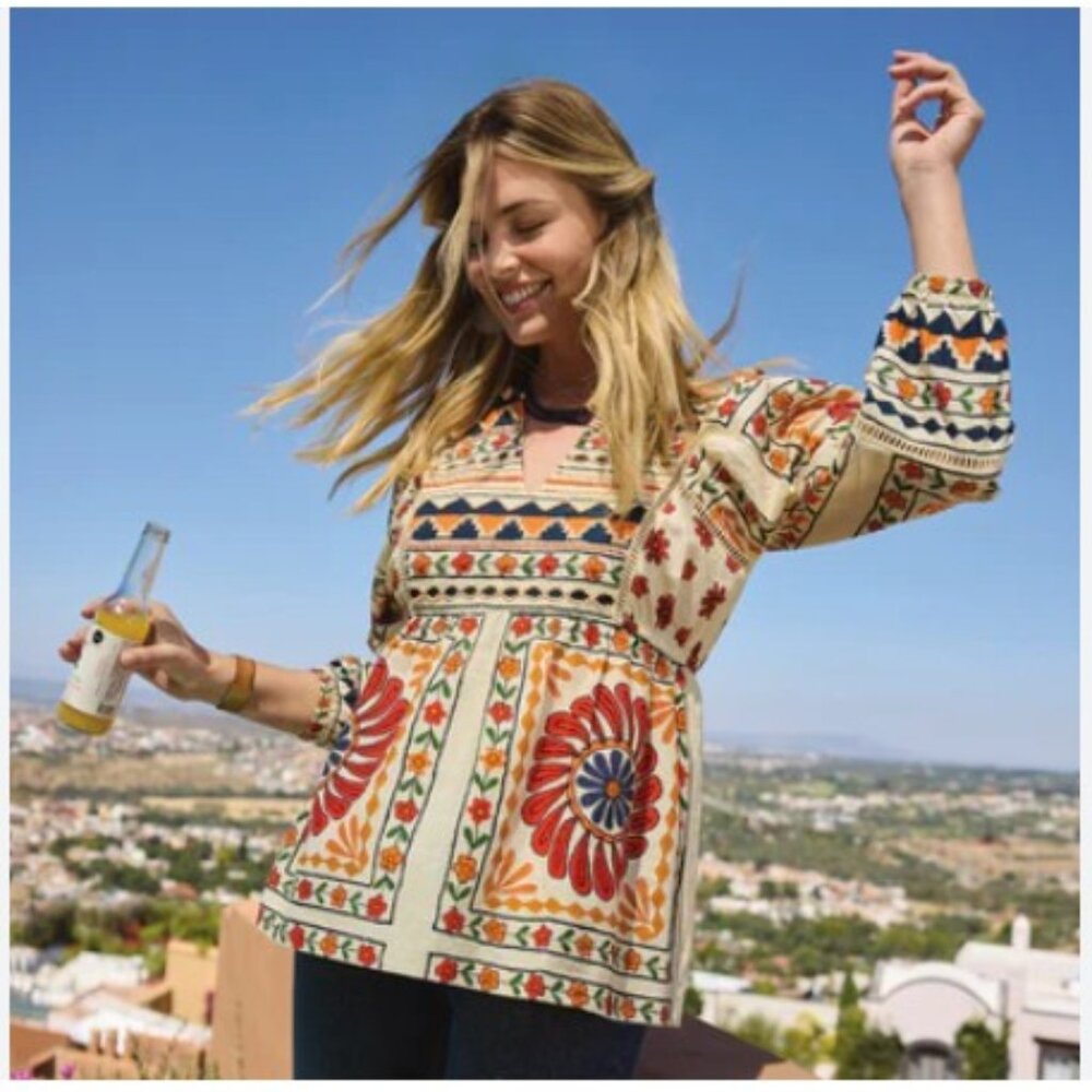 Sundance Zariah Orange Blue Cream Beaded Floral Print Blouse - Picture 2 of 16
